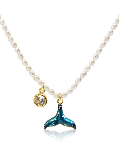 Mermaid Fish Tail Enamel Pearl Necklace Handmade Jewelry Gift