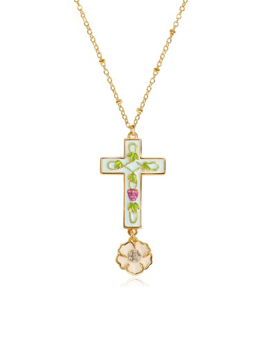 Cross And Flower Enamel Pendant Necklace Handmade Jewelry Gift