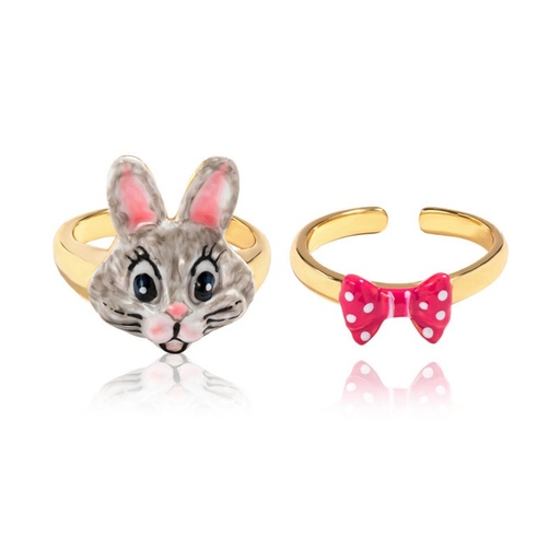 Bunny Rabbit And Pink Bow Enamel Stackable Adjustable Ring Set Jewelry Gift