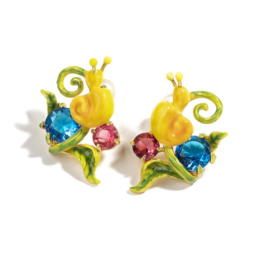 Yellow Snail With Faceted Crystal Enamel Stud Earrings Jewelry Gift