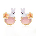 Cute Rabbit Bunny With Stone Flower Enamel Stud Earrings