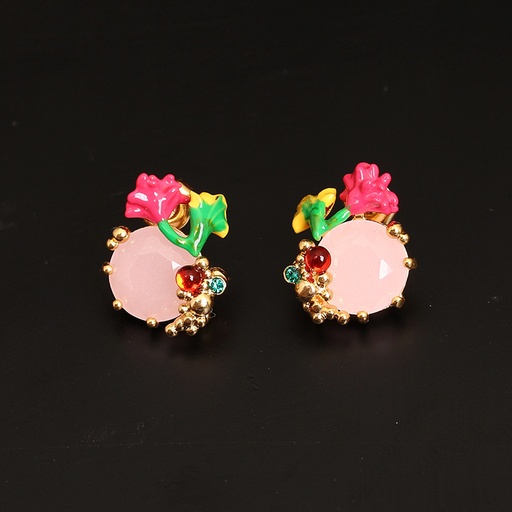 Pink Yellow Flower And Stone Enamel Stud Earrings