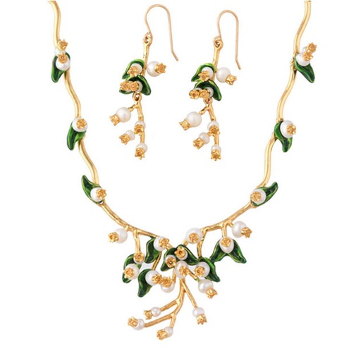 Green Leaf And Natural Pearl Enamel Hook Earrings Necklace Set