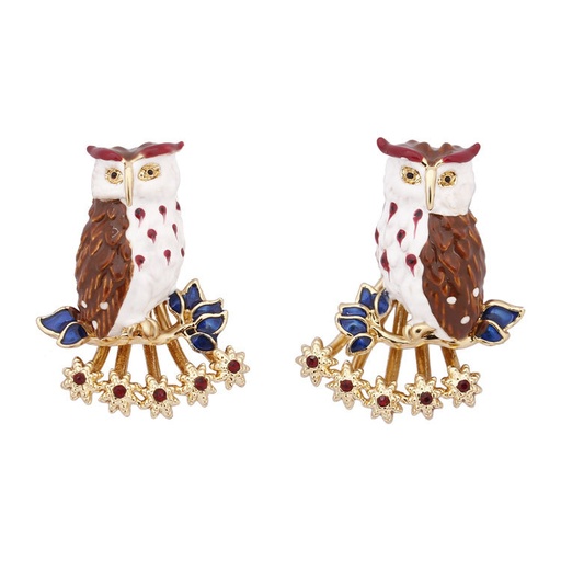 Owl And Red Crystal Enamel Stud Earrings