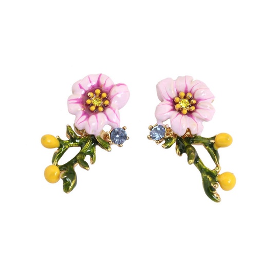 Pink Flower On Branch Enamel Earrings