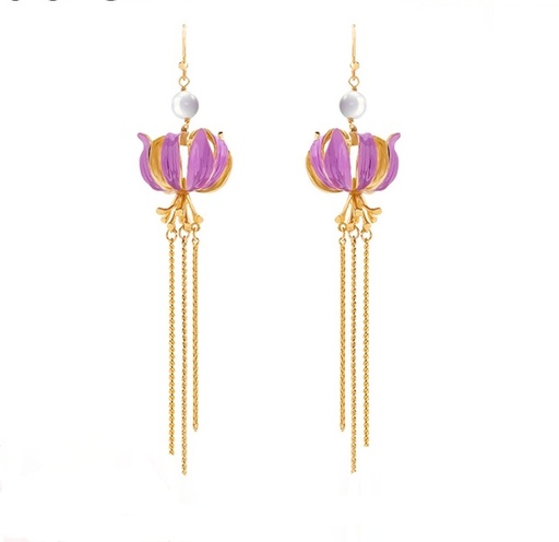 Pink Purple Flower Natural Pearl Tassel Enamel Hook Earrings