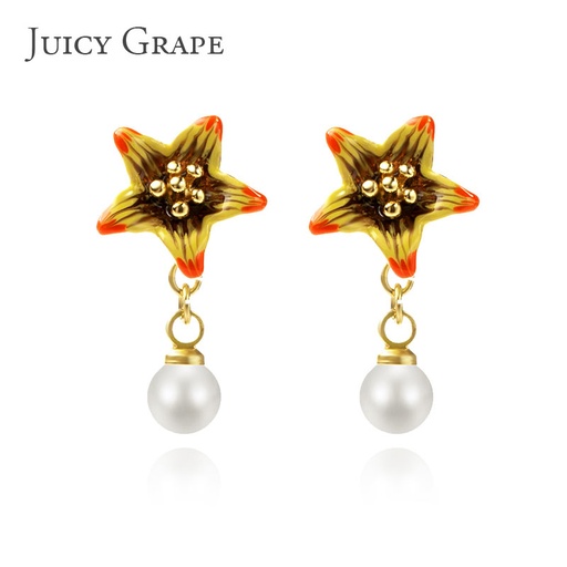 Enamel Glazed Star Flower Pearl Stud Earrings