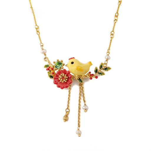 Yellow Chick And Flower Crystal Pearl Enamel Necklace