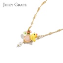 Enamel Glazed Yellow Chick Inlaid Gem Natural Pearl Clavicle Chain Necklace 18K Gold Plated
