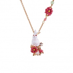 [19040194] Pink Flower and Stones Pendant Enamel Necklace