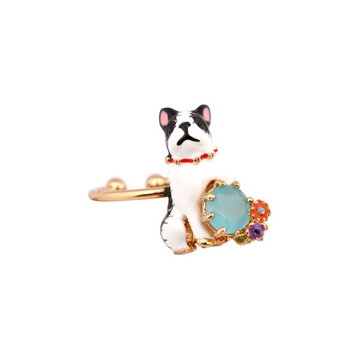 Bulldog On Faceted Crystal Enamel Adjustable Ring