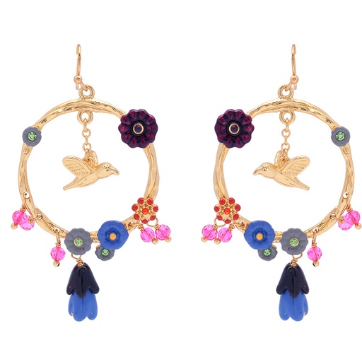 Flowers And Bird Enamel Hook Earrings