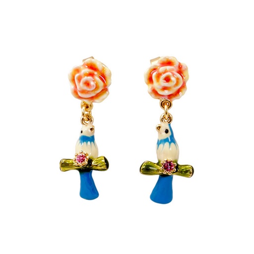 Flowers And Bird Enamel Hook Earrings