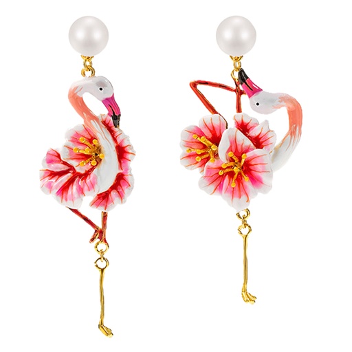 Pink Colorful Flower Flamingo Pearl Asymmetrical Enamel Dangle Earrings Jewelry Gift