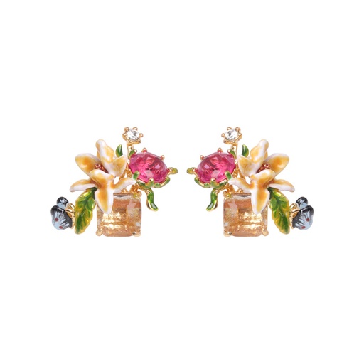 Pink Colorful Flower Flamingo Pearl Asymmetrical Enamel Dangle Earrings Jewelry Gift