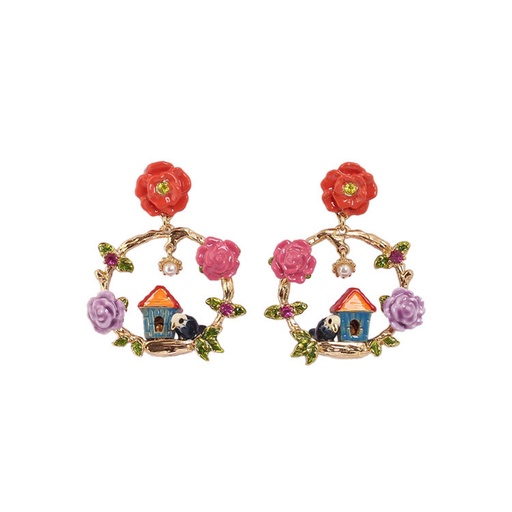 Flower Tree House Enamel Earrings