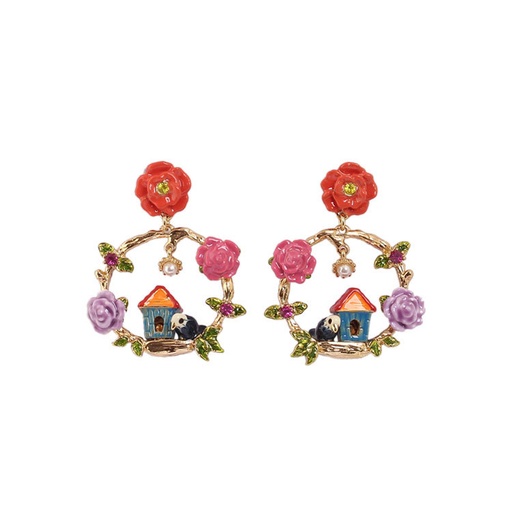 Pink Peach Flower And Crystal Enamel Stud Earrings