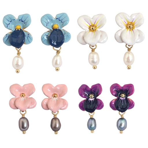 Flower Pearl Pendant Enamel Earrings