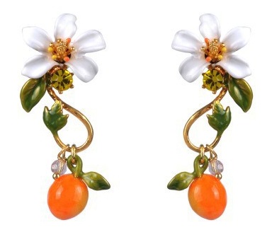 Orange and Orange Blossom Flower Enamel Stud Dangle Earrings Jewelry Gift