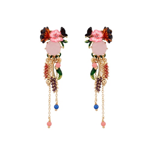 Pink Flower and Stone Tassel Enamel Earrings