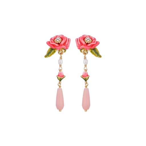 Pink Flower Small Bud and Droplet Enamel Earrings