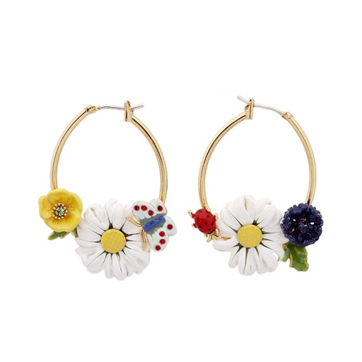 White Daisy Yellow Flower Butterfly Ladybug Enamel Hoop Earrings Jewelry Gift