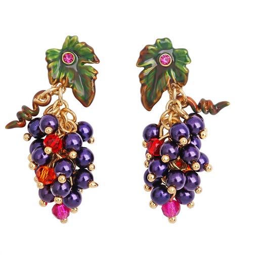 Grapes and Small Leaf Enamel Earrings