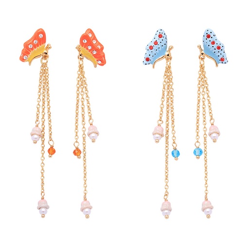 Butterfly With Crystal Long Tassel Enamel Earrings