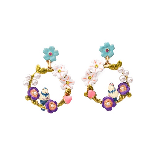 Blue Bird Tit On Flower Branch With Pearl Enamel Earrings