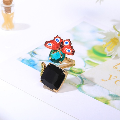 Butterfly Crystal and Black Stone Enamel Adjustable Ring