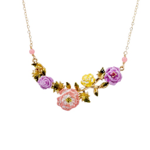 Pink Colorful Rose Flower And Leaf Pendant Enamel Necklace