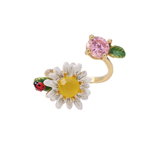 Daisy Flower Ladybug And Crystal Enamel Adjustable Ring