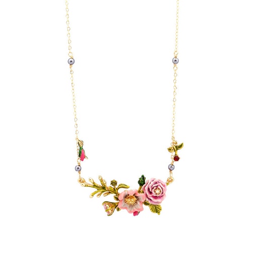 Pink Flower On A Branch And Crystal Enamel Pendant Necklace