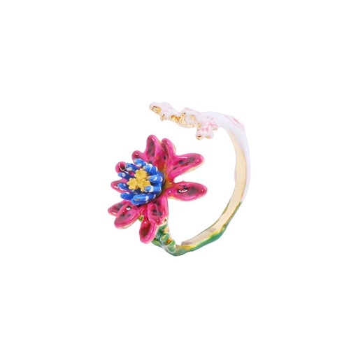 Pink Flower On A Branch And Crystal Enamel Pendant Necklace
