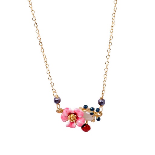 Hand Painted Enamel Glaze Gilded Flower Natural Freshwater Pearl Pendant Necklace