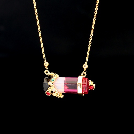 Pink Flower And Stone Pendant Enamel Necklace