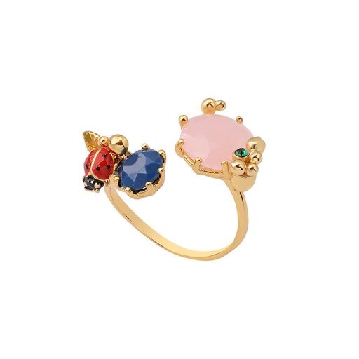 Ladybug And Pink Blue Stone Enamel Adjustable Ring
