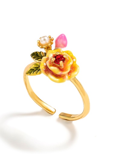 Orange Yellow Peony Flower And Stone Enamel Adjustable Ring