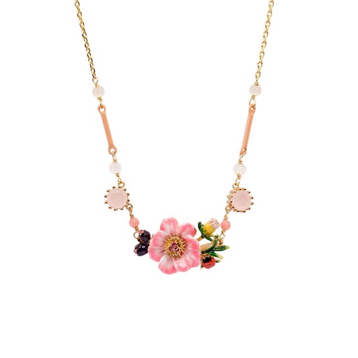 Pink Flower And Stone Enamel Pendant Necklace