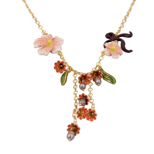 Pink Flower And Pearl Enamel Necklace