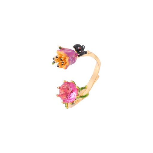 Purple Flower And Faceted Crystal Enamel Adjustable Ring