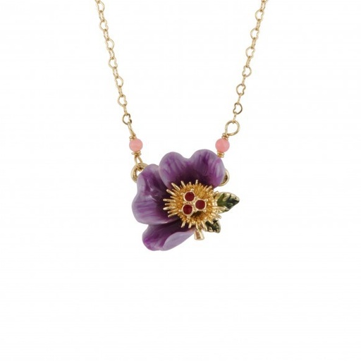 Purple Peony Flower And Zircon Enamel Pendant Necklace