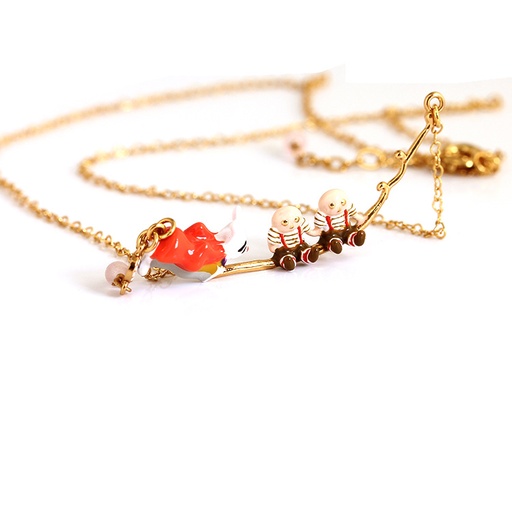Pink Flower And Pearl Enamel Necklace