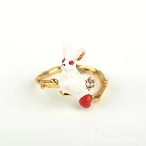 White Rabbit And Red Heart Enamel Adjustable Ring