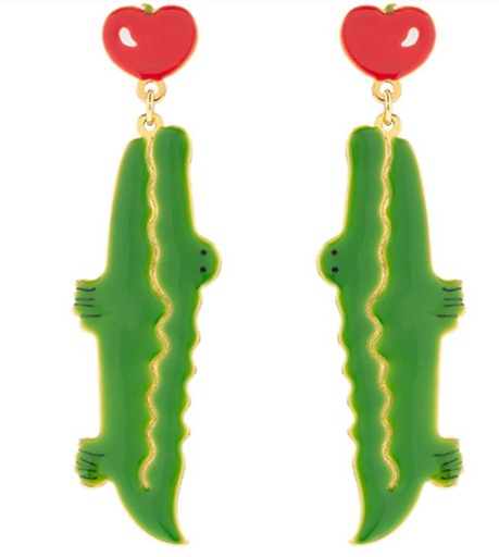 Green Crocodile Aligator Red Apple Enamel Dangle Earrings