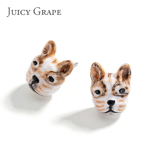 Hand Painted Enamel Glazed Borden Puppy Dog Earrings 925 Silver Needle