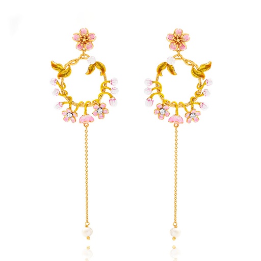 Cherry Blossom Flower Pearl Tassel Enamel Dangle Earrings