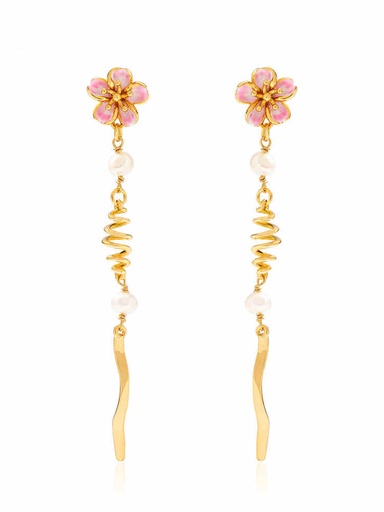 Cherry Blossom Flower Tassel And Pearl Enamel Dangle Earrings