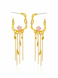 [20041242] Cherry Blossom Flower Pearl Tassel Enamel Dangle Earrings
