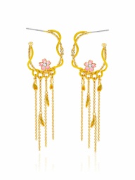 [20041242] Cherry Blossom Flower Pearl Tassel Enamel Dangle Earrings